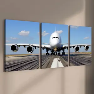3 Counts Wooden Framed Canvas, Giant Passenger Airplane On Runway Images, Exquisite Poster, Perfect Living Room Decoration, Modern Art, Fashion Family Poster, Wall Art Decoration, Waterproof Art