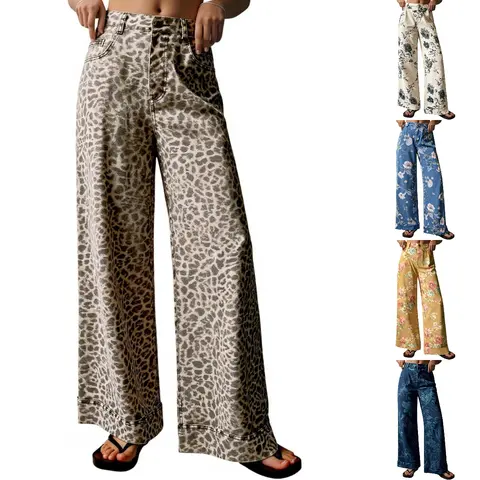FMEYOA Women's Floral Baggy Wide Leg Jeans Casual High Waisted Boyfriend Vintage Boho Denim Pants with Pockets