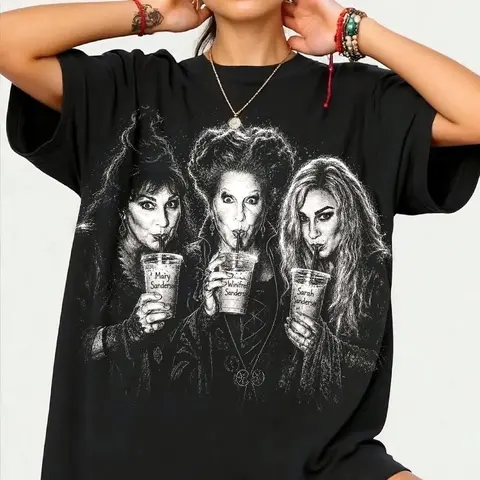 Unisex Cotton Sports T-Shirt - Round Neck, Original Hocus Pocus Character Graphic Print, Iced Coffee Halloween Horror Movie Themed, Everyday 2026 Casual Sports Top