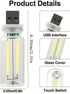 2 PCS Car USB Night Light Bulb Touch Dimmable Compact Glass Bottle Lamp for Vehicle Bedroom Hallway Camping Multiple Colors Optional