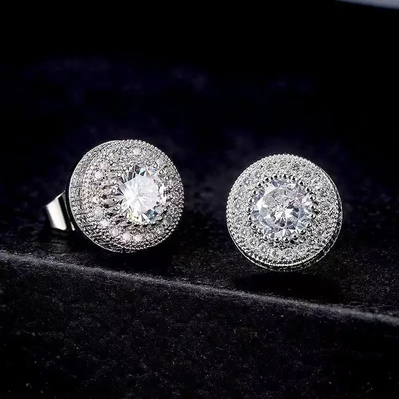 {Party Matching} 1 pair of men's round shiny micro-inlaid hip-hop earrings-fashionable eye-catching men's niche light luxury high-end earrings