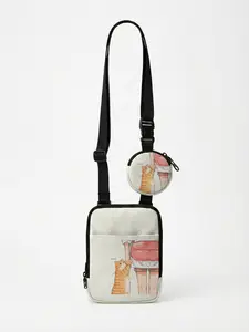 1 piece of 2D printed crossbody bag with human & cat interaction pattern, lightweight portable tote-bag set designed for women, perfect for students, fashion lovers and short trips with both stylish look and practicality, Zippered Sling Bag