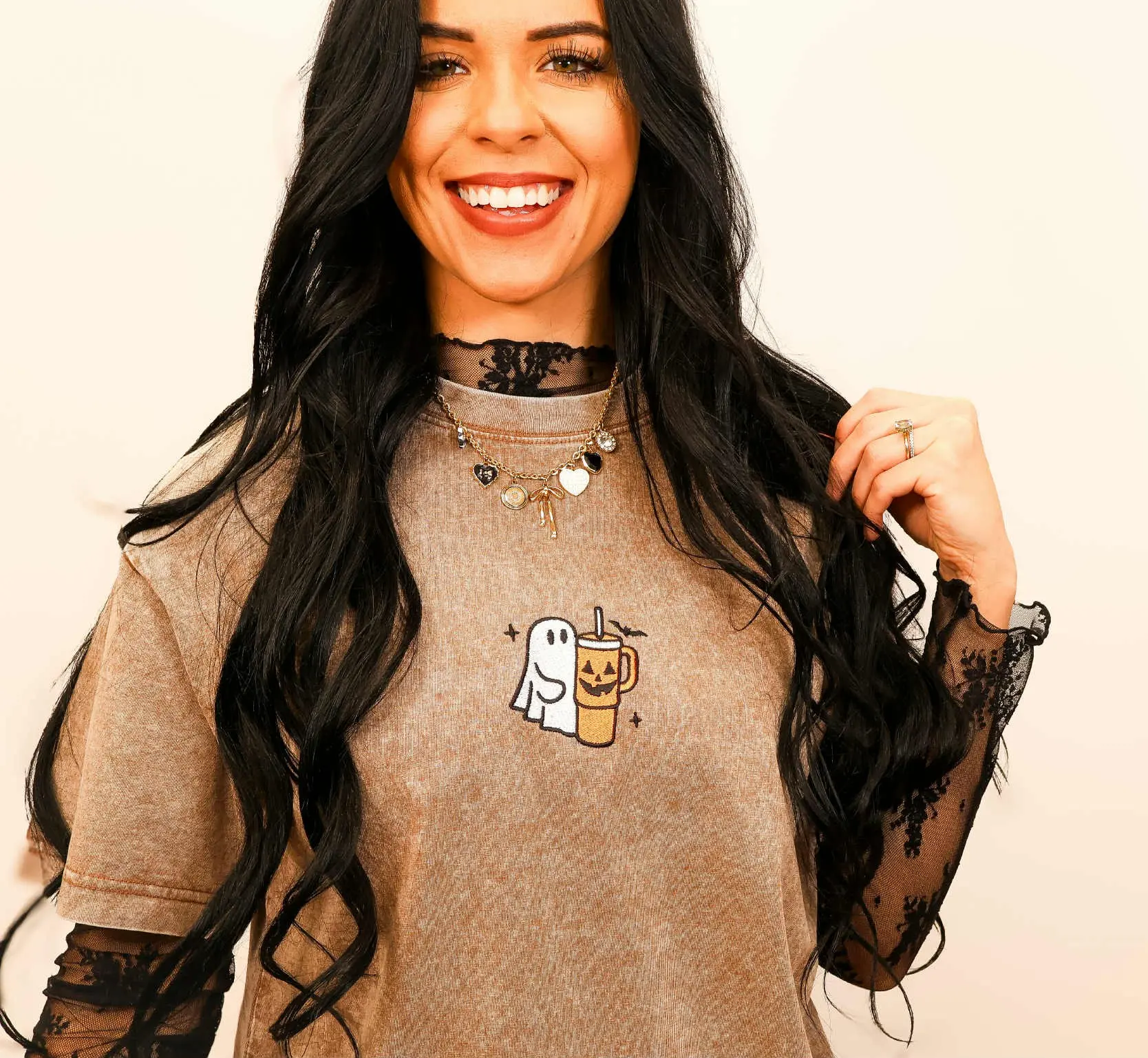 Embroidered Spooky Drink Acid Wash Women's Loose Fitting Cotton Tshirt Casual Everyday Top