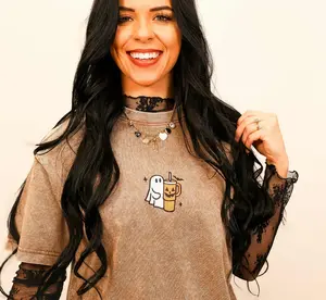 Embroidered Spooky Drink Acid Wash Women's Loose Fitting Cotton Tshirt Casual Everyday Top