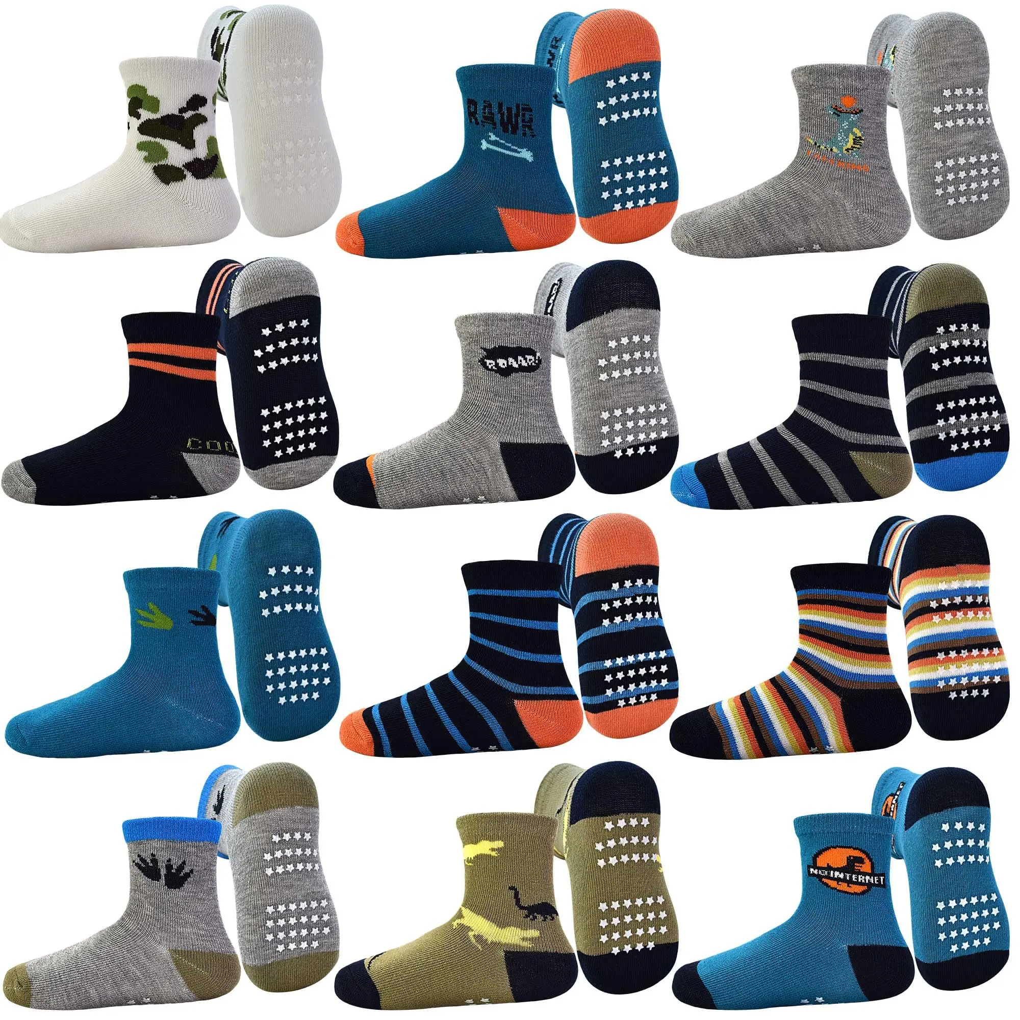 TPHON Kids Anti Slip Socks, 12 Pairs Kids Anti Slip Socks, Anti-Slip Socks for 1-7 Years Old Boys Girls Cute Low Ruffle cute sock Cartoon Patterns Stretchable Toddler