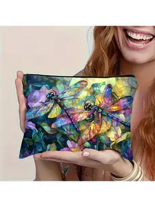 Sanrio Vibrant Dragonfly & Floral Pattern, Multi-Functional Travel Makeup Bag, Zippered Pill Organizer, Emergency Snack Pouch, Durable Polyester Zippered Storage Bag, Machine Washable Minimalist Design, Fits Toiletries, Sanitary Pads &  Items, Ideal
