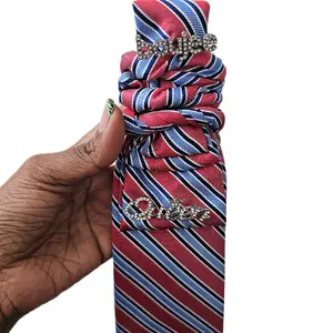 Boujee Queen Statement Tie | Red Blue Striped Bling Tie for Women | Custom Embellished Fashion Tie