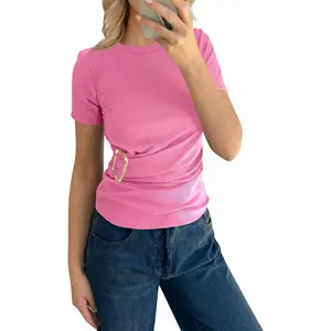 Tankaneo Womens Short Sleeve Pleated Tops Summer Casual Slim Fit Ribbed Knit T Shirts Y2k Going Out Tees