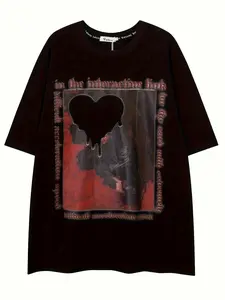 American Vintage Dark Street Style Heart Print T-Shirt for Men, Summer New Fashion Casual Daily Wear Short Sleeve Top