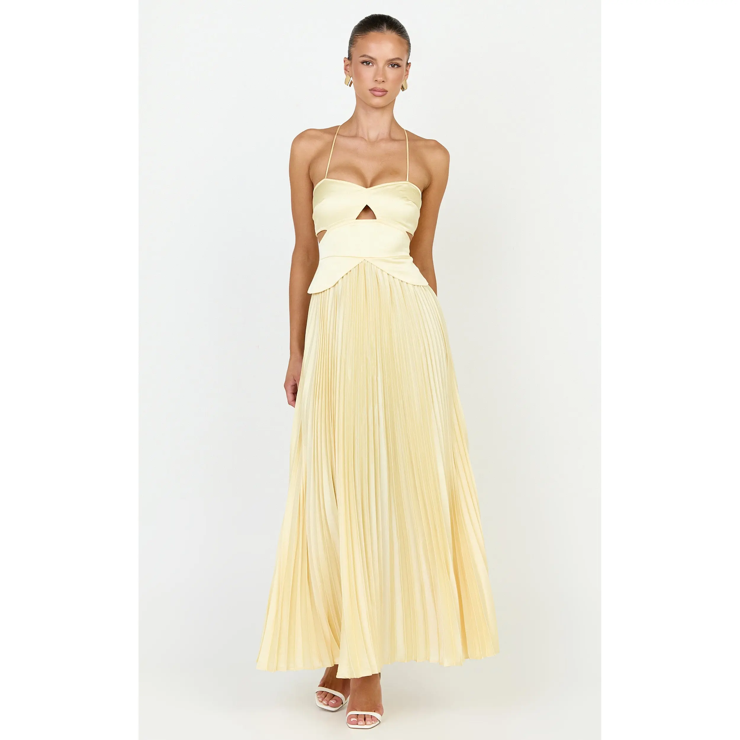 Shay Maxi Dress - Sweetheart Cut Out Pleated Dress in Lemon - TikTok Shop