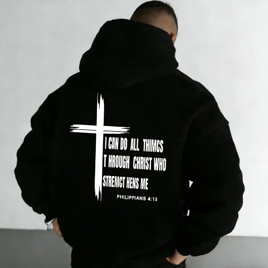 Men's Cross & Letter Print Drop Shoulder Hoodie, Fashion Casual Regular Fit Drawstring Pocket Hooded Sweatshirt for Daily Holiday Outdoor Wear, Men Clothes for Fall & Winter, Hoodie Letter Logo