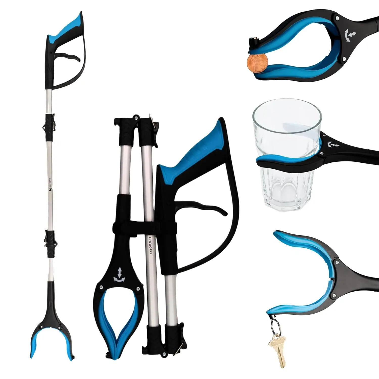 LIFE WORKS Aluminum Reacher Grabber Tool - 360° Rotating Magnetic Tip, 36-in Reach, Lightweight Foldable Arm, Ergonomic Grip, 4.5-in Wide Jaw, Compact for Small Living Spaces, Travel Mobility Aid for Seniors/Caregivers (1 Pack, Hospital Stays Ready)