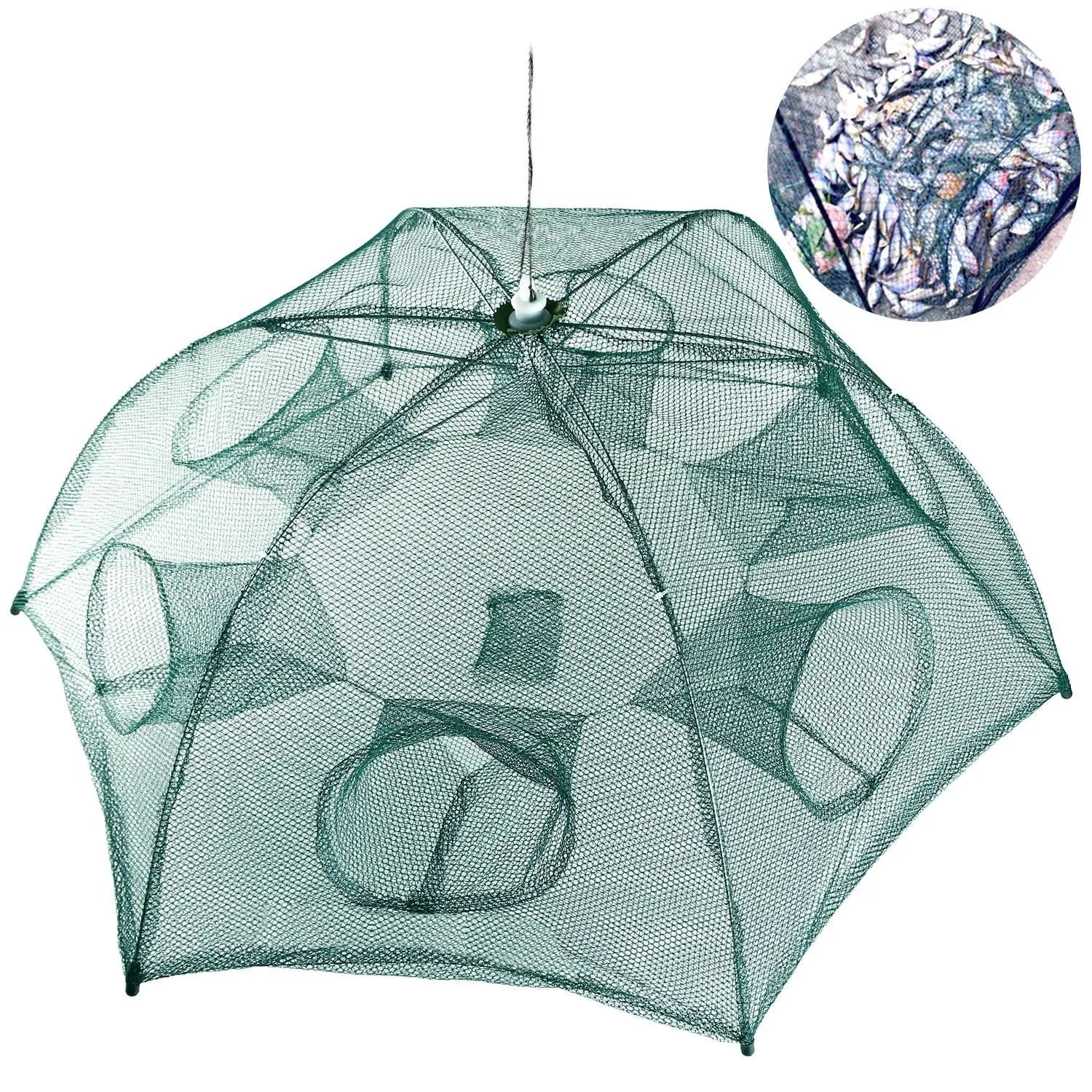 Fishing Trap Net, Portable Foldable Bait Trap for Shrimp Minnow Crab, 6 Entrance Automatic Fishing Net with Steel Frame for Outdoor Fishing