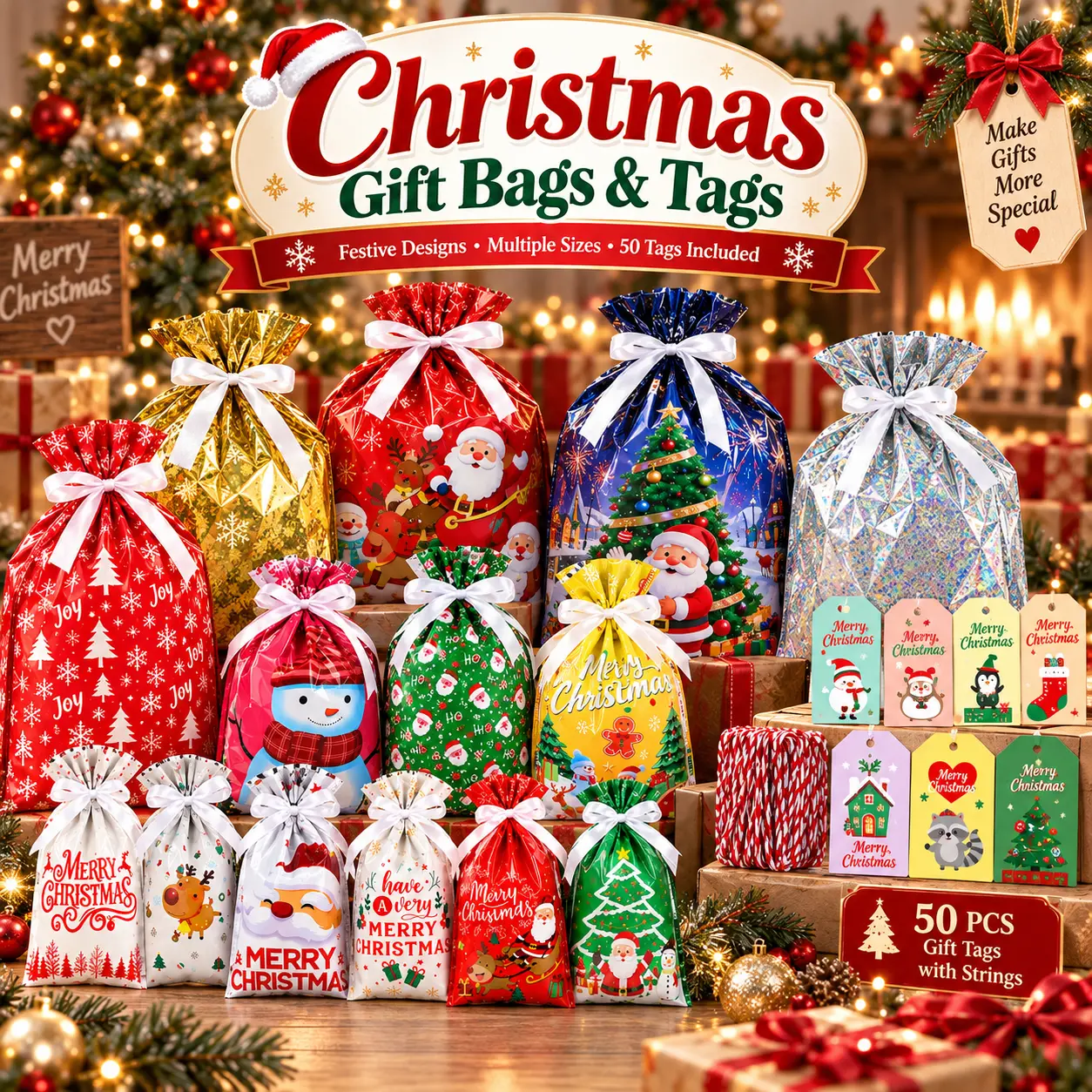 50PCS Christmas Drawstring Gift Wrapping Set - 25 Colorful Bags, 25 Tags, Random Patterns, Ideal for Holiday Gifting (Indoor Leisure Recreation Use)