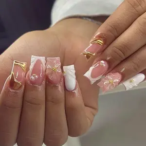 Elegant Pink & White Nail Art with Gold Accents and Floral Design for Stylish Look