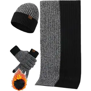 Mens Winter Scarf Hats and Gloves Set Knit Beanie Hat Warmer Scarfs and TouchScreen Glove 3 Pcs for Men