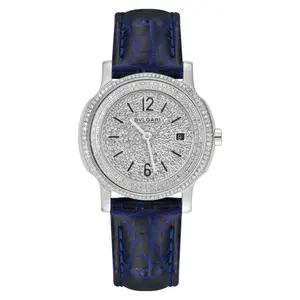 Bvlgari 29mm Quartz Stainless Steel Aftermarket Full Diamond Paved Bezel and Dial Blue Leather Strap Ladies Watch WHT027210