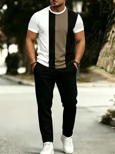 Men's Casual Two-Piece Set: Color Block Geometric Print Short Sleeve T-Shirt & Breathable Polyester Long Pants with Pockets - Crew Neck, Machine Washable