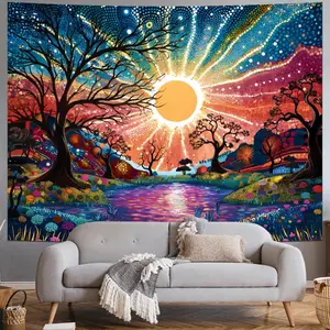 Tree of Life Tapestry Trippy Sun Forest Tapestries Colorful Starry Sky Hippie Nature Landscape Lightweight Wall Decor Tapestry Aesthetic Vintage Wall Hanging for Bedroom Decoration