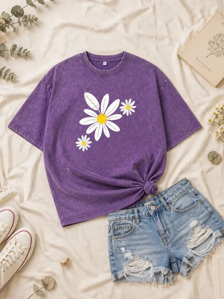 Oversized Graphic T Shirts for Women Men Vintage Washed Unisex Tees, 100% Cotton Drop Shoulder Speckled Daisy Trio Floral Art Retro Soft Casual Streetwear Shirt Tops Crew Neck