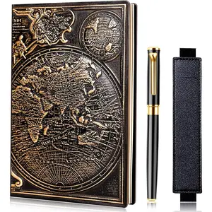 STANDARD GOODS Vintage Map Embossed Leather Notebook Travel Journal-Daily Notepad-Business Notebook-Drawing Notebook, Antique Handmade,Lined Hardcover with a Comfortable-Holding Black Signing Pen(A5)