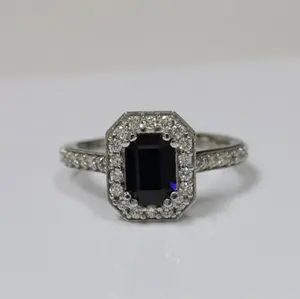 Blue Sapphire Emerald Cut and Diamond Halo Ring - (14k White Gold)- R63505REBS