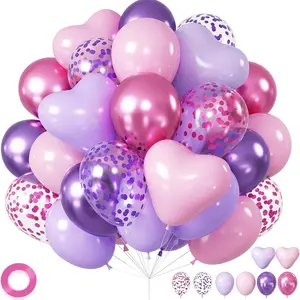 Metallic Hot Pink Magenta Purple Bonfetti Balloons - 12 Inch Pink Heart Balloons for Girls Princess Happy Birthday Party Decorations Baby Shower Heart Shaped Balloons Confetti Balloons