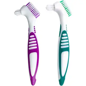 Denture Cleaning Brush Set with Multi-Layered Bristles and Ergonomic Rubber Handle for Denture Care, Purple & Green