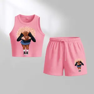 Women's A Laughing Girl In A Moment Of Joy Print Sleeveless Tank Top And Drawstring Shorts Set, Casual Summer Sportswear Two Piece Outfit, Ribbed Knit Tank And Shorts Set For Everyday Wear