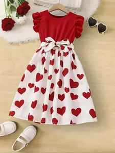 Sweet Elegant Girl Heart Pattern Belted Dress, Summer Party Valentine's Day, Stylish and Comfortable, Perfect for Special Occasions, Heart Print Dress