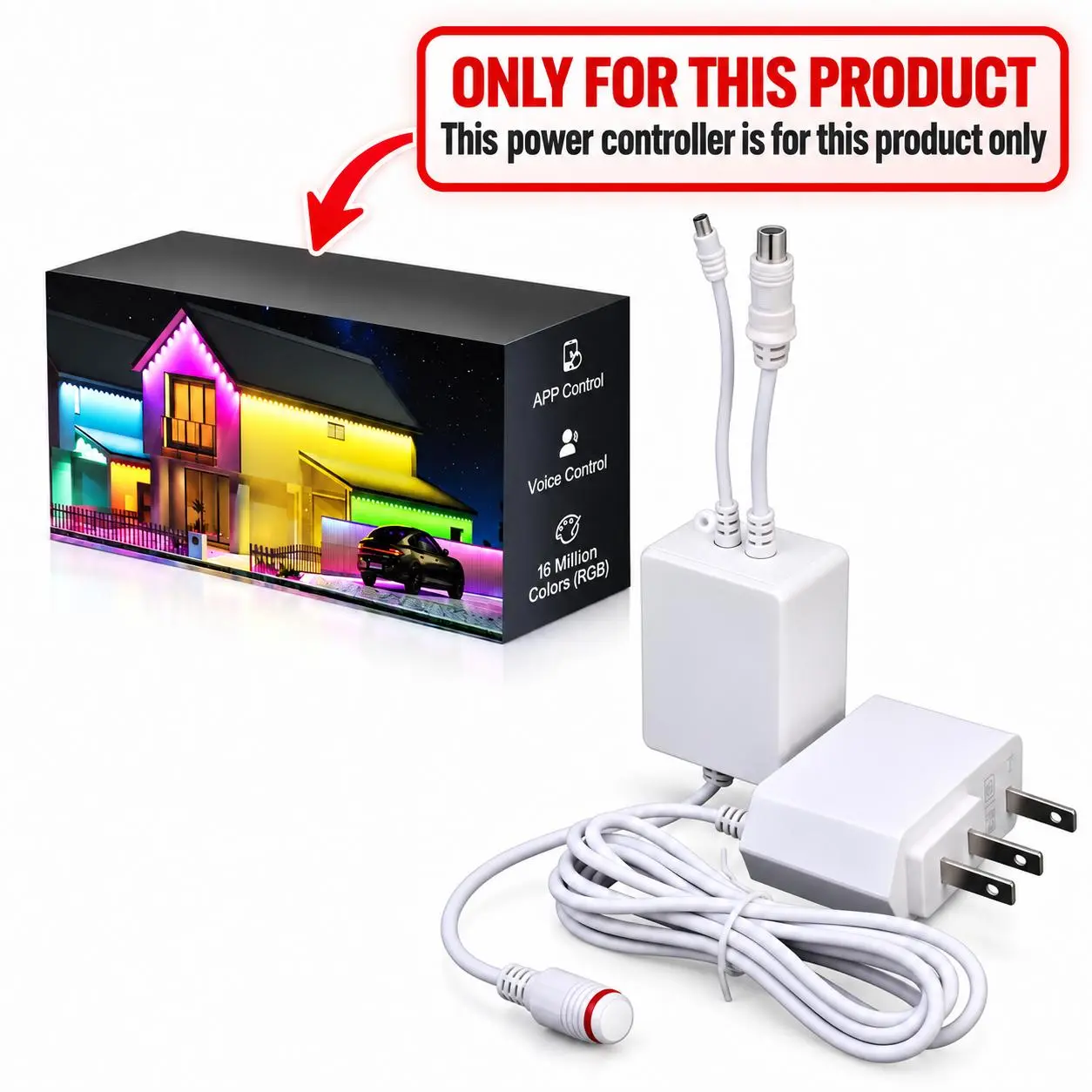 Replacement parts for power supply and controller for eaves lights, and replacement parts for 50Ft individual LED strips. Only applicable to RGB eaves lights sold in this store.