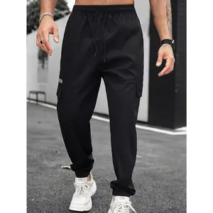 Men's Black Label Cargo Joggers Minimal Streetwear Pants with Elastic Cuffs, Relaxed  Utility Trousers, Y2K Fashion, Clean  Style, Viral Outfit, Acubi Aesthetic, Trending 2026, Everyday Wear Alphabet Print Loose Fit Sweatpants Wide Leg Lightweight Workout