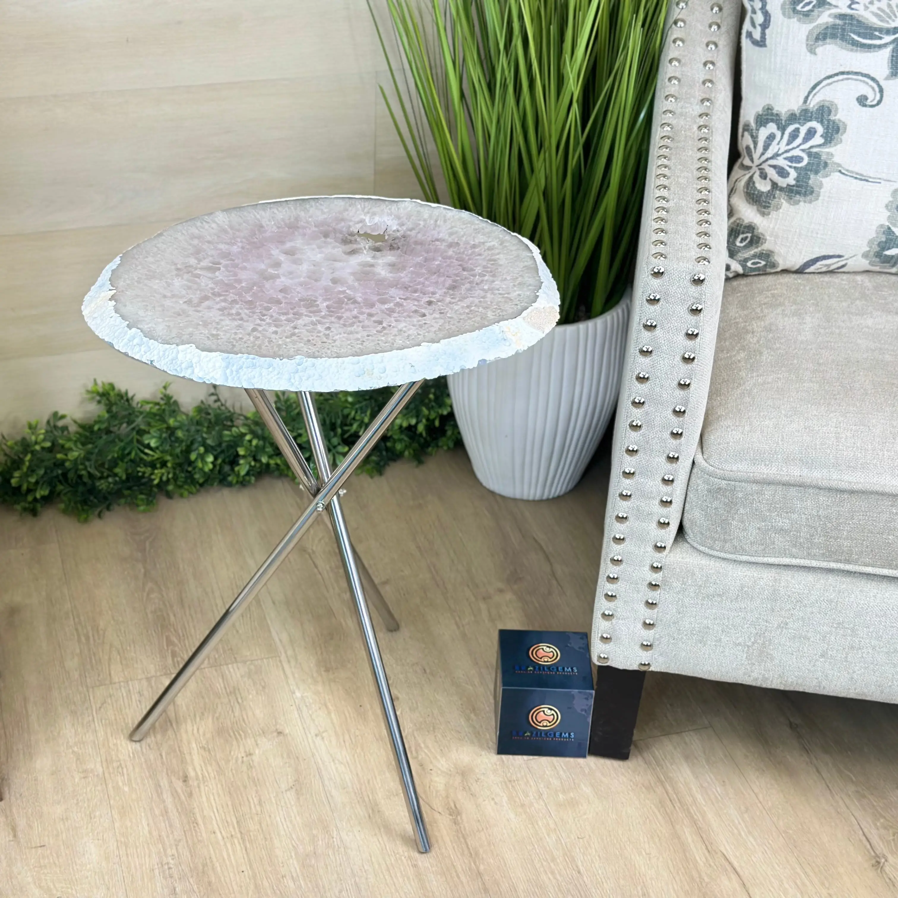 Natural Agate Side Table on Chrome Metal Base, 23.4" Tall #1341NA-002