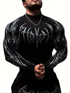 Men'S Gym Wear Compression Long Sleeve Shirt - High Neck Muscle Fitness Tee with Geometric Print, Contrast Design, Stretchy & Slim Fit for Gym, Running, Sports Apparel, Athletic Compression Shirts | Athletic Shirt