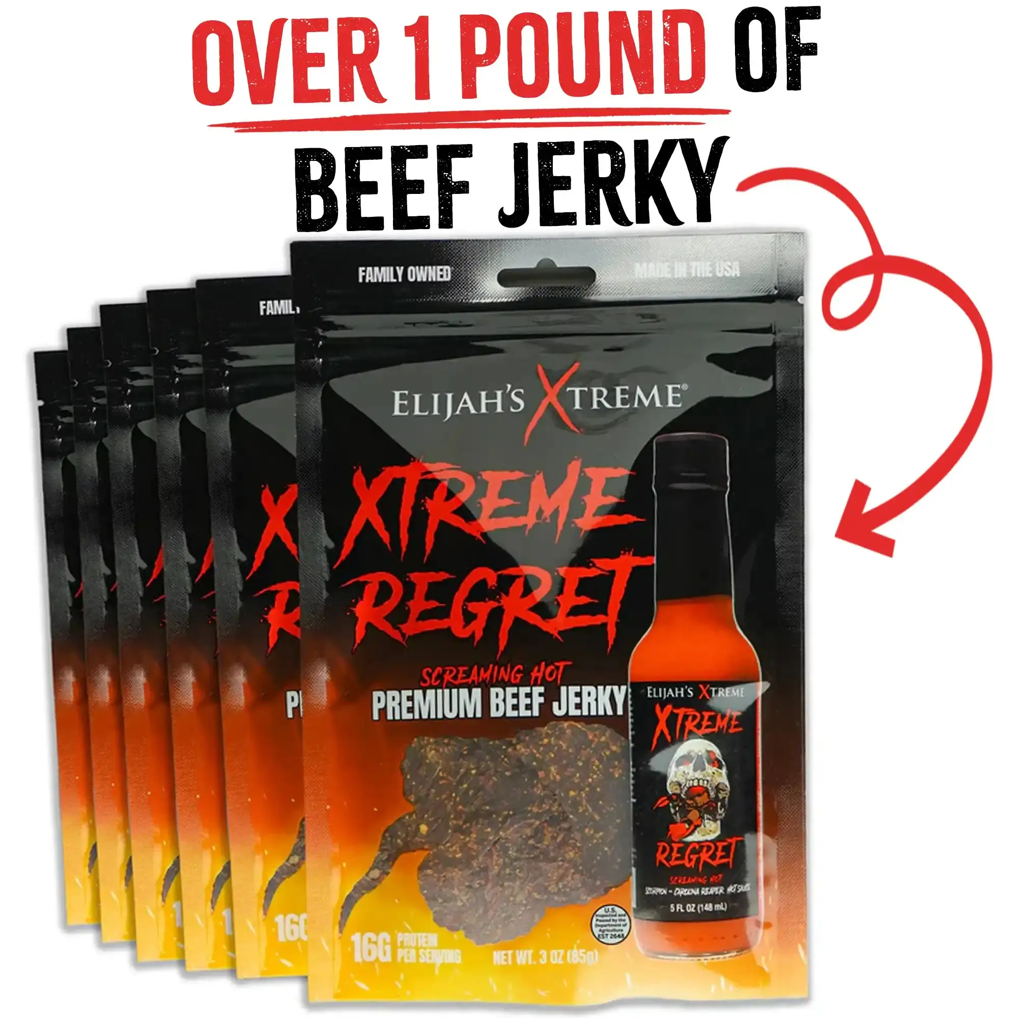 Elijah’s Xtreme Regret Carolina Reaper Beef Jerky - Very Hot, 6 Bags, High Protein, Gluten Free, Made in USA