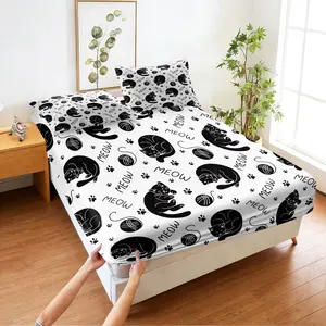 Cute cat print fitted sheet set,Includes 1 Fitted Sheet & 2 Pillowcases without Filler,Adorable and comforting,Perfect bedding,Warm and pill-resistant,A modern bedroom decor gift.