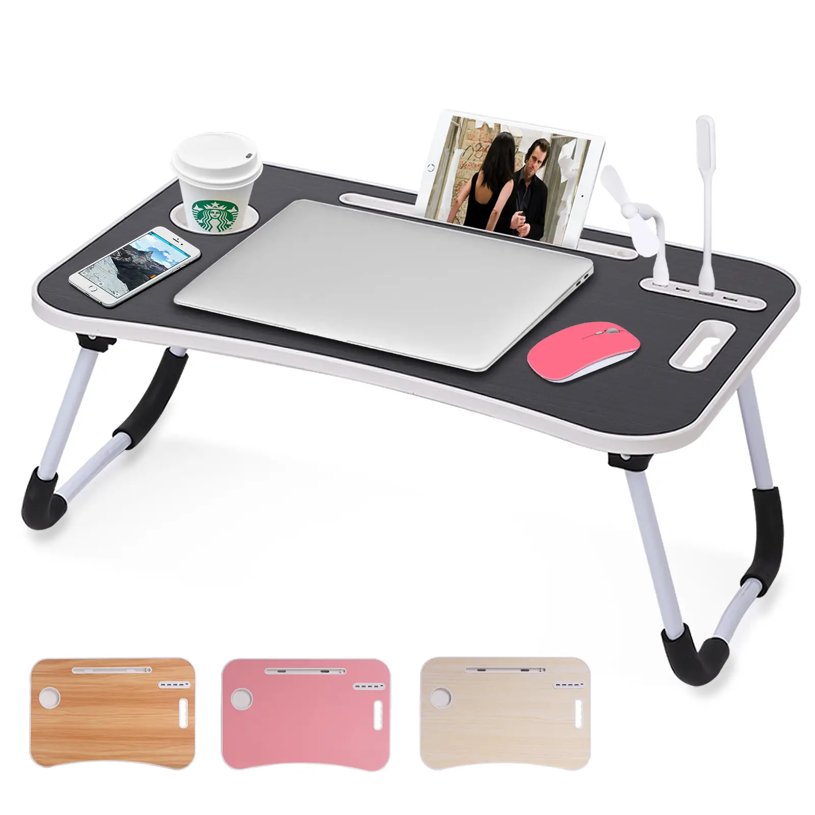 Laptop Bed Desk, Portable Foldable Laptop Table, Lap Desk Tray Table with 4 USB Ports, Storage Drawer and Cup Holder, for Bed/Couch Working, Reading