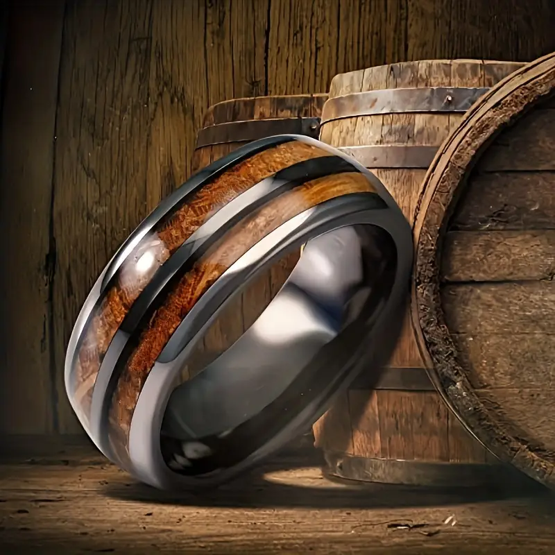 Mens Stainless Steel Ring - Wood Grain Inlaid - Size 7-13 Available