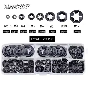 ONERIR 280 Pcs Internal Tooth Star Lock Washers Assortment Kit 8 Sizes Quick Fastening Set 65Mn Steel Black Oxide Star Lock Washers for Hardware Repair Mechanical Fixing