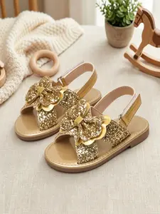 Girls' Gold/silver Color Bow PU Sandals, Summer Princess Style, Soft Anti-Slip Sole, Casual Party Shoes, Baby Girls' Comfortable Footwear, Glitter Decorated Sandals