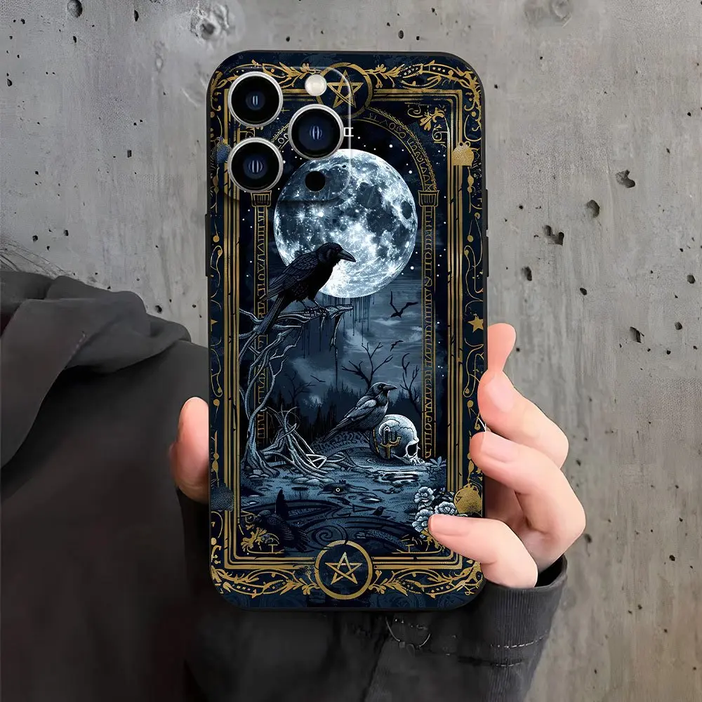 Unisex Gothic Moon Night Black Crow Pattern Cellphone Case - Protective Soft Silicone Casing for iPhone 16 Pro Max, 15 Plus, 14, 13, 12, 11, XR, XS - Full Body Protection, Shockproof Mobile Phone Accessories