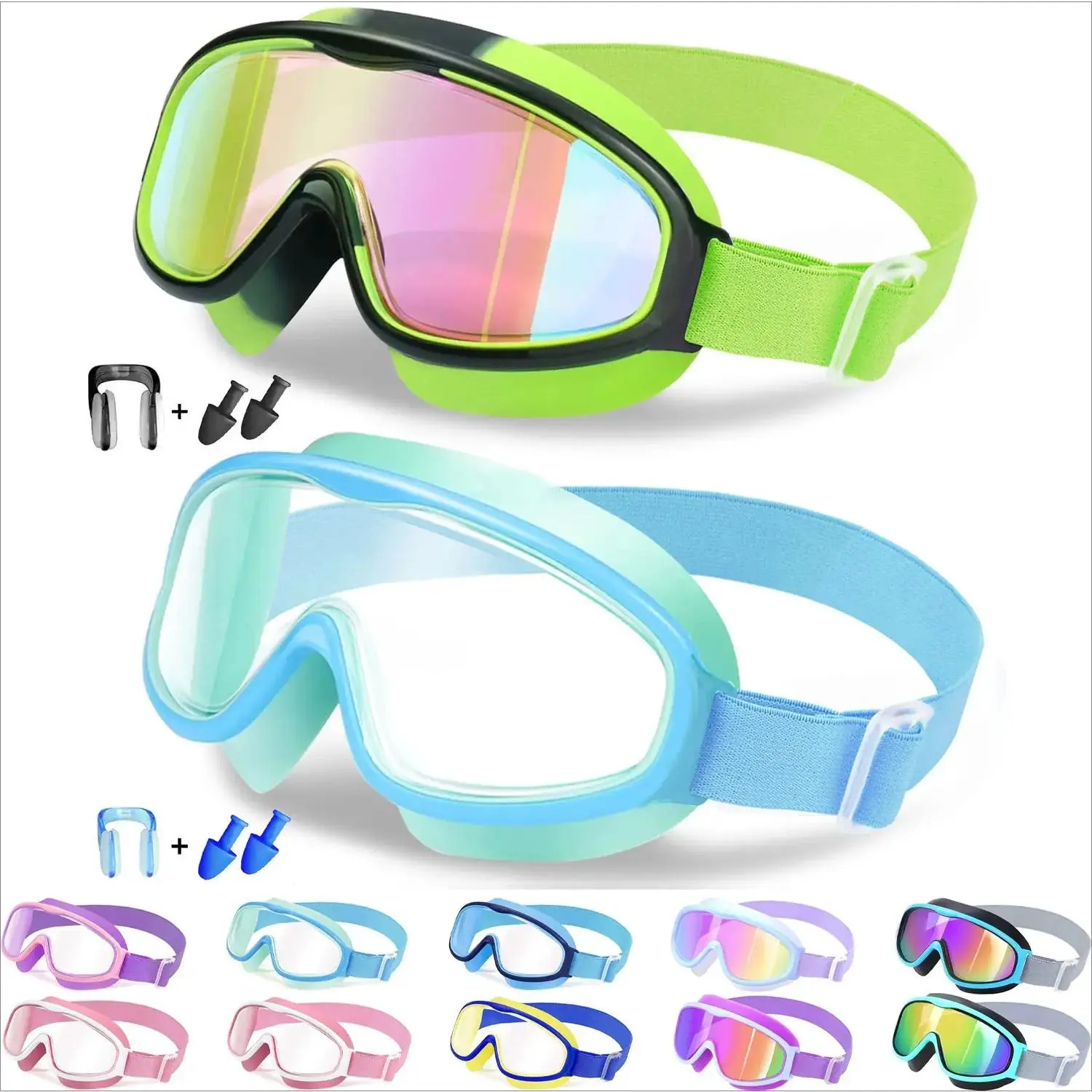 [Spring Shine] Kids Swim Goggles - Anti-Fog Water Goggles, UV Protection, Wide View, No Leak, Secure Comfort Fabric Strap, for Ages 3-12, Summer Outdoor Fun Activities, Uv Swimming Goggles