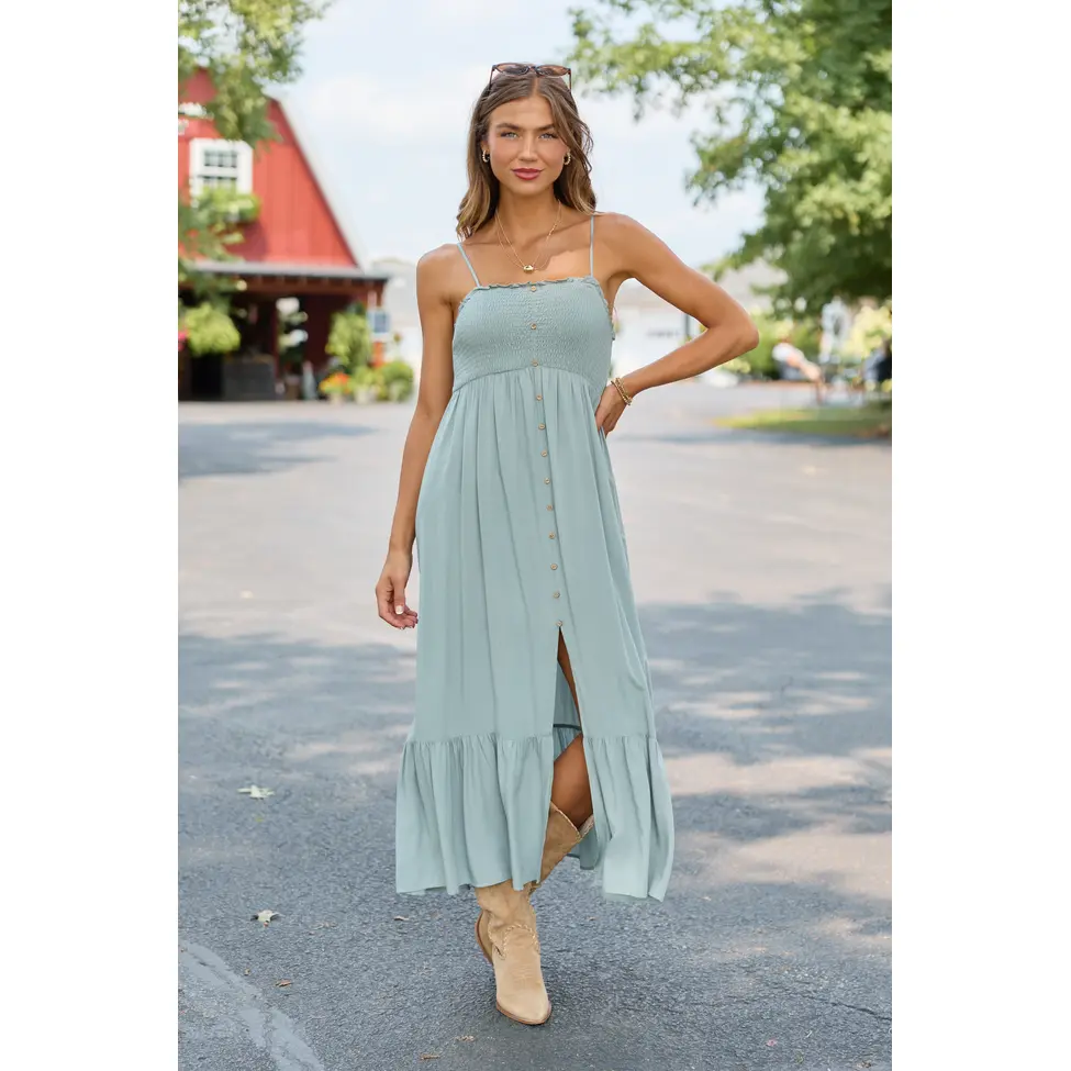 Blooming Beauty Solid Button Up Midi Dress Sage
