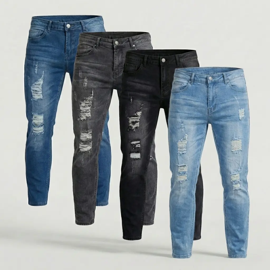 Men's Casual Slim Fit Distressed Denim Pants Menswear Basic with Medium Elasticity & Medium Weight Soft Comfortable Low Rise Solid Color High Street Jeans for Streetwear summerwins,summerwins Day Trouser jeans for men,father'sdaygifts