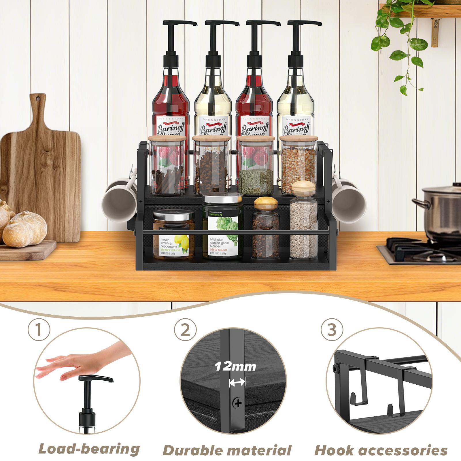 Zaldia Coffee Syrup Organizer Rack 2-Tier with K Cup Storage Drawer & Syrup Rack Station Classic Black Wooden Three-Tier for Wine Tea Condiment