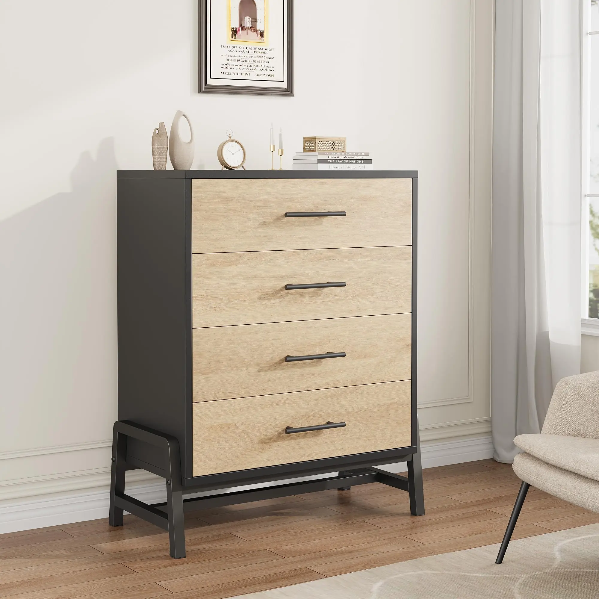 Garvee 4-Drawer Wooden Tall Dresser, 38.6" Tall Sturdy MDF Wood Storage Chest with Deep Drawers, Easy-to-Assemble Freestanding Cupboard for Bedroom, Living Room