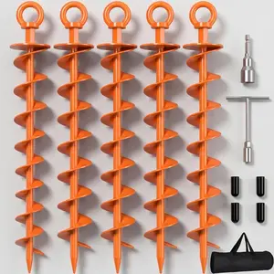Spiral ground anchors, 4-count, with nuts and tools, suitable for trampolines, swing sets, tent pegs, wind-resistant and heavy-duty, can be used in sheds, carports, and mobile homes, orange.
