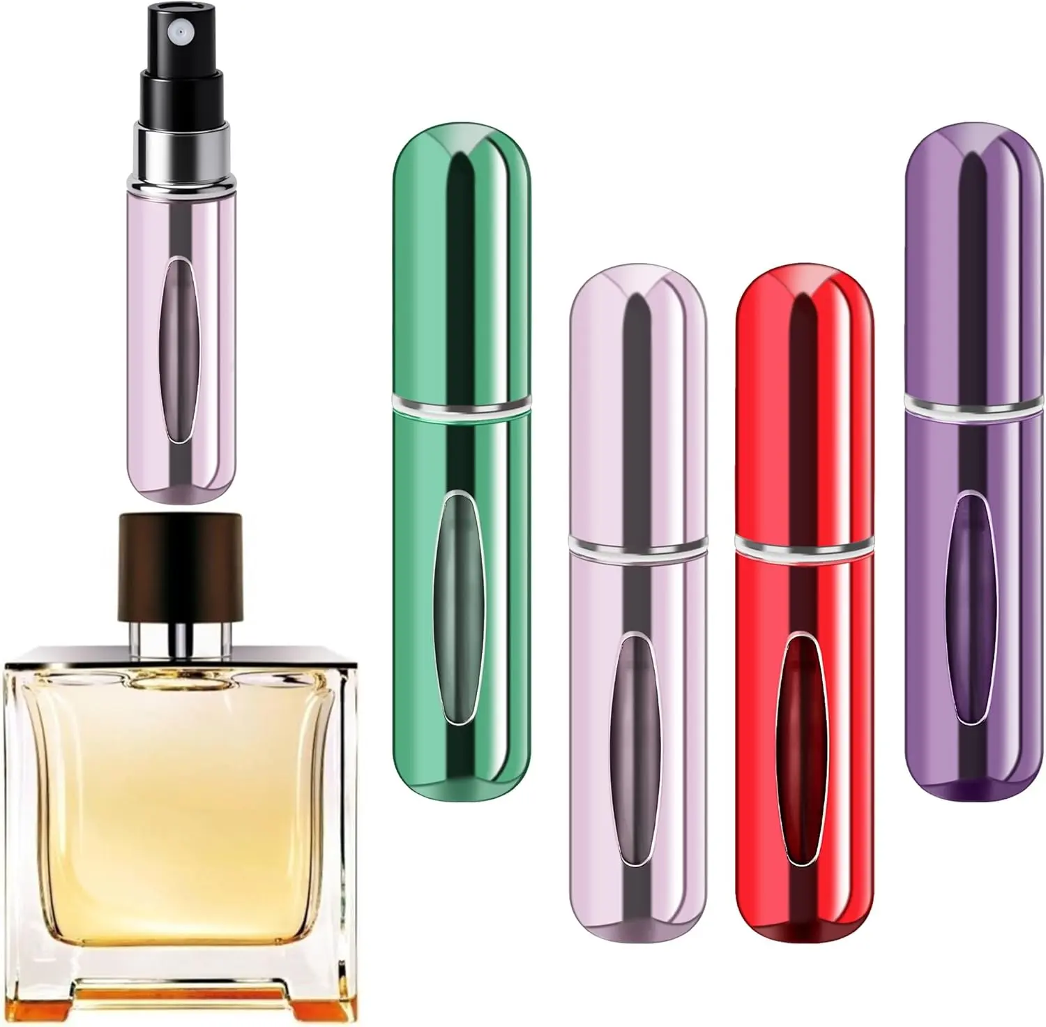 Refillable Perfume Atomizer 5ml, 5 Pack - Portable Travel Perfume Spray Bottles, Bottom-Fill, Leak-Resistant Seal, Assorted Colors (Purple, Pink, Green, Red)