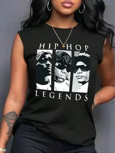 Women's Summer Casual Loose-Fit Tank Top with 'hiphop Legends' Print, Soft Comfortable Homewear Essential, Ideal for Relaxation
