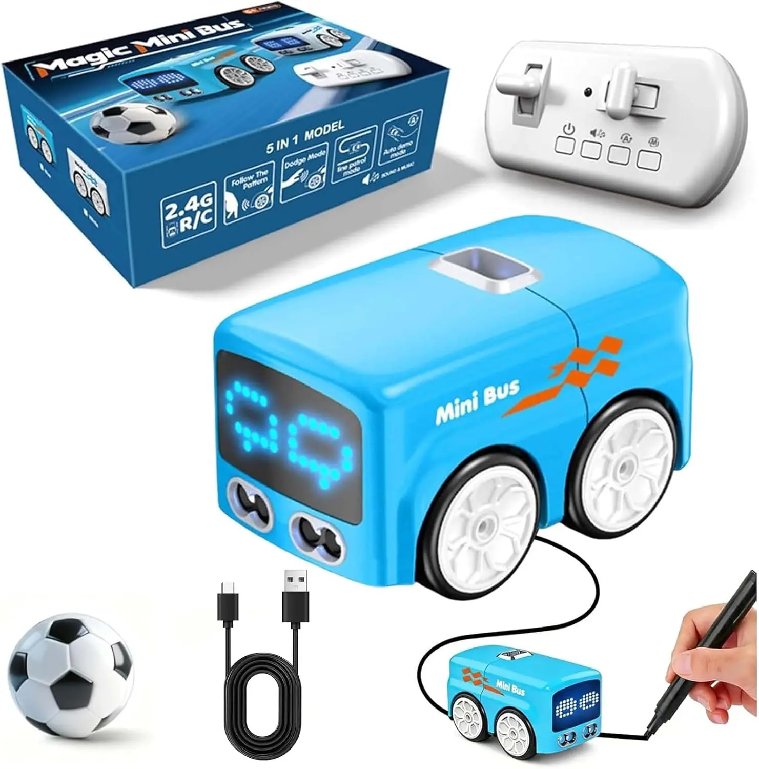 RC Car, 5 in 1 Inductive Toy Vehicle, Line Follow, Object Follow, Obstacle Escape, Remote Control Rechargeable Mini Toy Bus with LED Face & Music, STEM Educational Gift for Kids Boys Girls